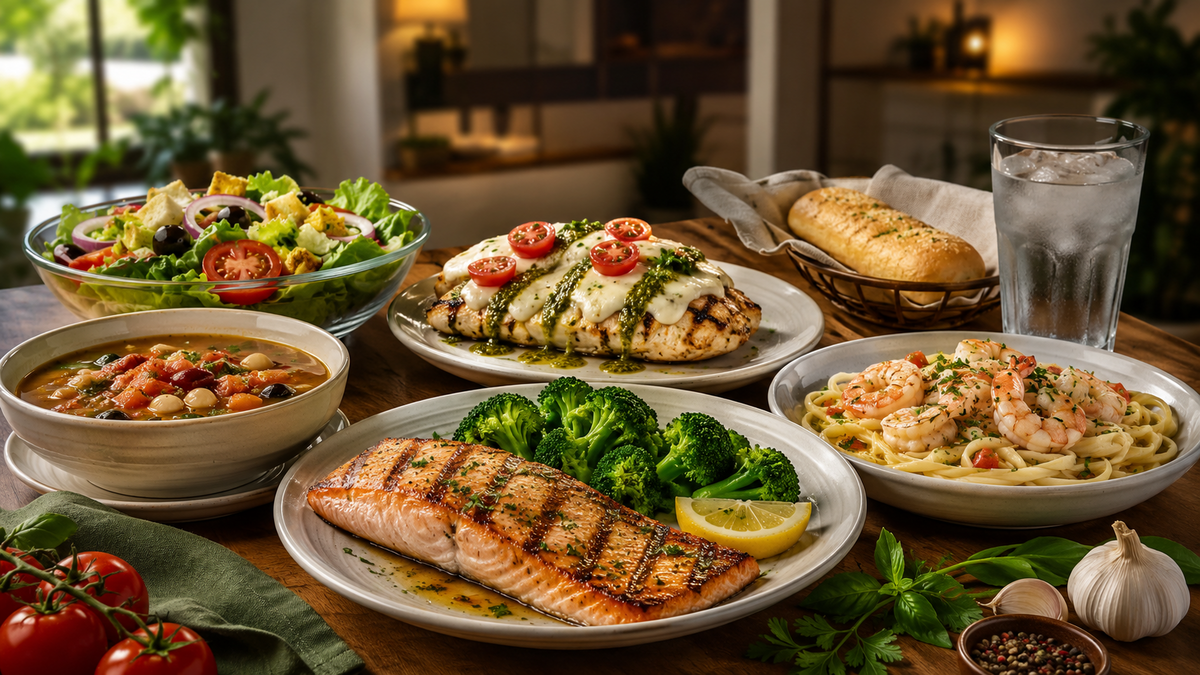 Olive Garden Nutrition Menu Prices 2026 featuring healthy meals with grilled salmon, shrimp scampi, chicken margherita, salad, soup, and breadsticks